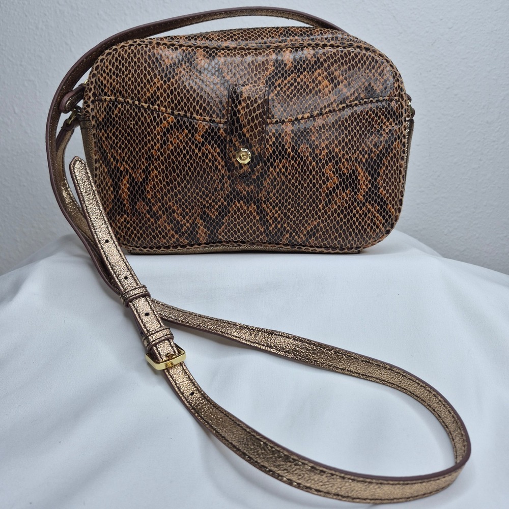 G.I.L.I. Genuine Leather Snake Print Crossbody Bag Metallic Bronze Brown